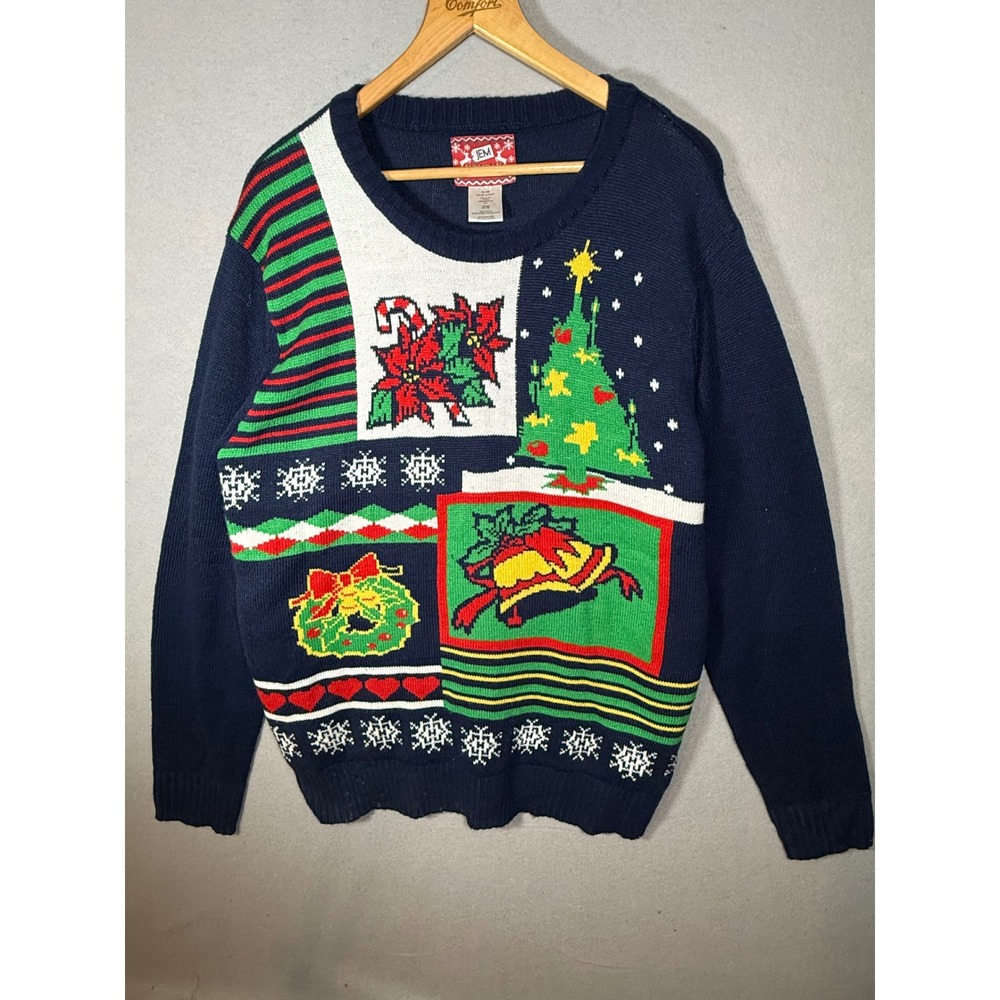 Vintage Y2K JEM Holiday Mens XL Blue Ugly Christmas Sweater Tree Wreath Knit